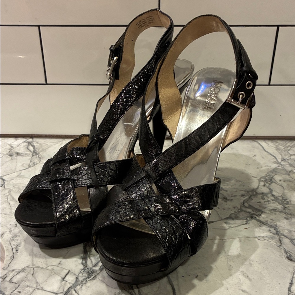 MICHAEL Michael Kors Black Croc-Embossed Platform Slingback Heels - Picture 6 of 16